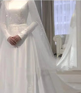 Vestido De Novia Long Sleeves Muslim Bridal Wedding Gown with Veils Appliques Lace Satin A-line Simple Bride to be Dress